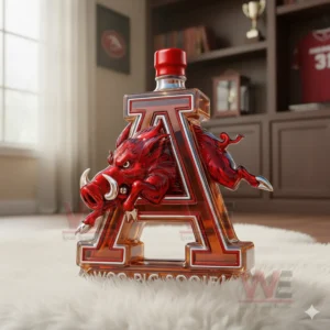 Arkansas Razorbacks Woo Pig Sooie Custom Whiskey Bottle 6 An A shaped bottle with a red razorback and red cap placed on a fluffy rug inside a sports themed study room!