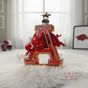 Arkansas Razorbacks Woo Pig Sooie Custom Whiskey Bottle 7 A razorback themed A shaped bottle with a horse rider topper standing on a fluffy rug in a sunlit room with sports elements in the background!
