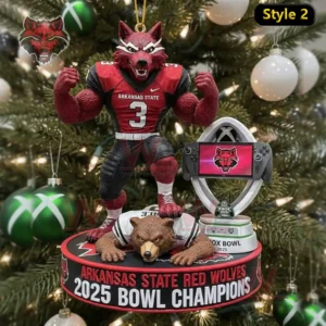 Arkansas State red wolf mascot ornament in a number three jersey standing on a 2025 Bowl Champions base with trophy display in front of a Christmas tree!