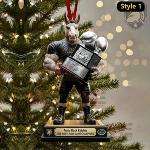 Donkey mascot ornament holding a championship trophy posed proudly with a Christmas tree background and military themed celebration!