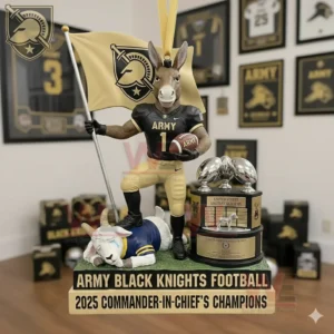 Donkey mascot Army football champion statue holding a flag and football next to a trophy with a celebratory background!