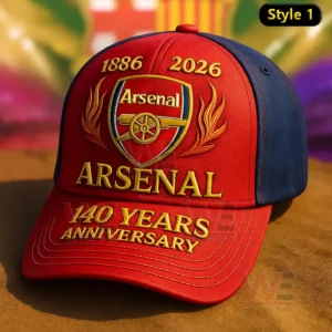 Red and navy Arsenal anniversary cap with gold embroidered crest laurel accents and anniversary text on the front panel!