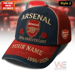 Navy and red Arsenal cap with embroidered crest roses anniversary wording and personalized name area on the brim!