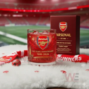 A red Arsenal glass and box sit on a white rug with a scarf and stadium seating in view!