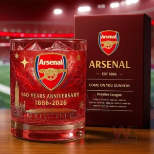 A detailed red Arsenal glass is shown next to a red box with a football field blurred behind them!