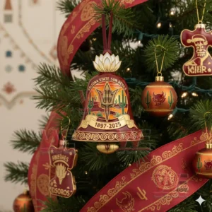 A detailed Arizona State Sun Devils bell ornament with cactus imagery and red and gold accents displayed on a decorated Christmas tree!
