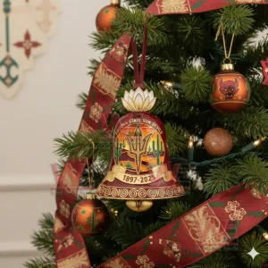 A red and gold Arizona State Sun Devils bell ornament displayed on a decorated Christmas tree with themed ornaments and ribbon!
