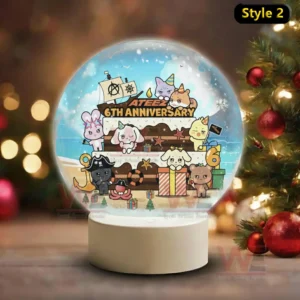 ATEEZ 6th Anniversary Christmas Snowball Decoration Led Light 5 A snow globe featuring animal characters around a ship themed anniversary cake labeled ATEEZ sixth anniversary!
