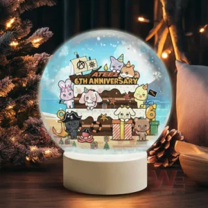 ATEEZ 6th Anniversary Christmas Snowball Decoration Led Light 6 A snow globe depicting a seaside anniversary scene with animal characters around a ship shaped cake marked ATEEZ sixth anniversary!