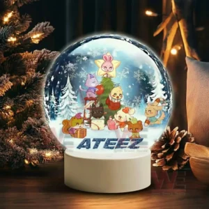 ATEEZ 6th Anniversary Christmas Snowball Decoration Led Light 7 A snow globe showing animals decorating a Christmas tree in a snowy forest with the word ATEEZ on the base!