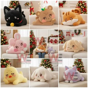 Multiple plush animal pillows displayed on couches in a Christmas decorated room!