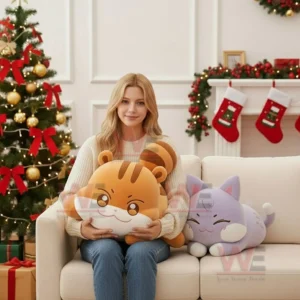 ATEEZ Luxurious Plush Pillows 11 Woman holding plush animal pillows in a holiday themed living room!