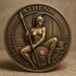 Bronze toned round coin with a sculpted figure of Athena holding a spear and shield framed by classical Greek design elements!