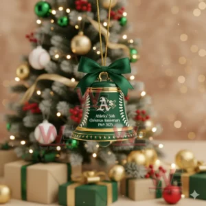A green Athletics anniversary bell ornament with a large bow displayed in front of a decorated Christmas tree!