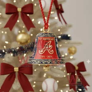 A red and navy Atlanta Braves anniversary bell ornament with gold accents hanging on a decorated Christmas tree!