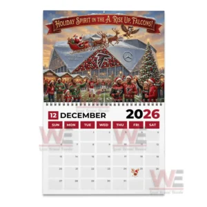 Atlanta Falcons 2026 Wall Calendar 7 Holiday crowd celebrates outside stadium with Santa flying overhead in a sleigh!