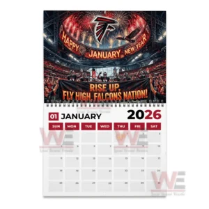 Atlanta Falcons 2026 Wall Calendar 8 Players hold a banner in a stadium filled with fireworks and cheering fans!