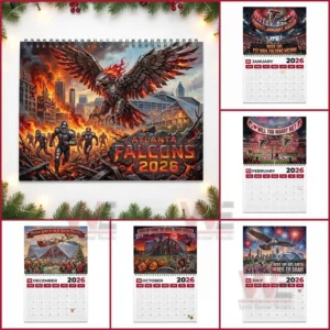Atlanta Falcons 2026 Wall Calendar 9 Multiple themed calendar pages show Falcons action scenes holiday art and seasonal designs!```