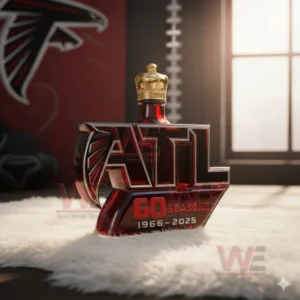 ATL shaped red glass whiskey bottle with crown cap in a sports inspired setting!