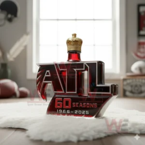 Atlanta Falcons 60 Seasons 1966-2025 Whiskey Bottle 4 ATL letter shaped whiskey bottle illuminated by daylight in a clean interior!
