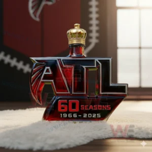 Atlanta Falcons 60 Seasons 1966-2025 Whiskey Bottle 5 ATL shaped red whiskey bottle with crown cap in a dark sports themed environment!