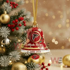 Atlanta Falcons 60th Anniversary 1966-2026 Christmas Bell Ornament 4 A red and gold Atlanta Falcons holiday bell ornament hanging on a decorated Christmas tree!