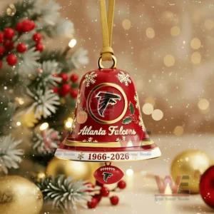 Atlanta Falcons 60th Anniversary 1966-2026 Christmas Bell Ornament 5 A close up of a red Atlanta Falcons anniversary bell ornament with gold and holiday themed details!