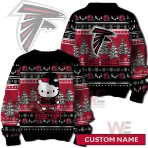 A festive Atlanta Falcons Christmas sweater with Hello Kitty on the front and a large team logo with space for a custom name on the back!