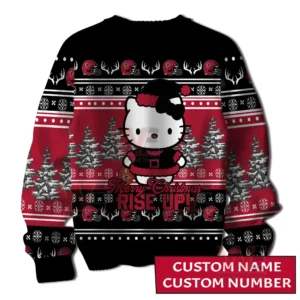 Front view of a holiday sweater showing Hello Kitty with Rise Up text and Atlanta Falcons themed decorations!