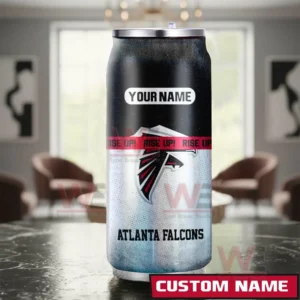 Atlanta Falcons NFL Personalized Can Tumbler 5 A custom Atlanta Falcons can shaped tumbler with editable text positioned indoors against a softly lit living room background!