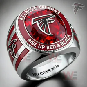 Atlanta Falcons fan ring with red gemstone face silver band and iconic falcon logo representing dedication power and football loyalty!