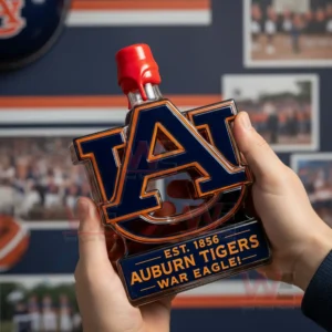 Auburn Tigers War Eagle Custom Whiskey Bottle 6 Hands holding an Auburn logo bottle with a red cap against a sports decorated wall!