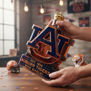 Auburn Tigers War Eagle Custom Whiskey Bottle 7 Hands presenting an Auburn Tigers bottle on a table with team decorations and warm lighting!