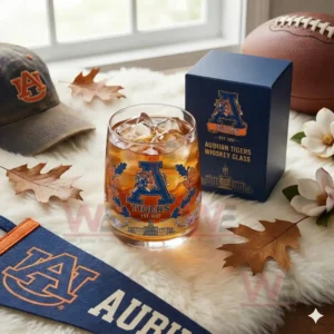 A clear glass containing an amber drink with ice featuring the Auburn Tigers emblem displayed next to its branded navy box among fan accessories and autumn elements!