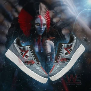 Sneakers with Varang inspired artwork showing sharp eyes red face paint and mystical atmosphere!