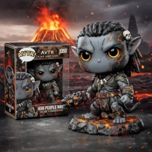 Grey AVTR Fire And Ash Na vi vinyl figure holding a fiery weapon on a lava base beside its retail box with a volcano erupting in the background.