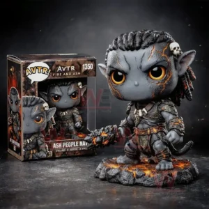 Grey AVTR Fire And Ash Ash People Na vi vinyl figure in tribal armor holding a molten weapon on a lava base beside the branded product box against a dark studio background.