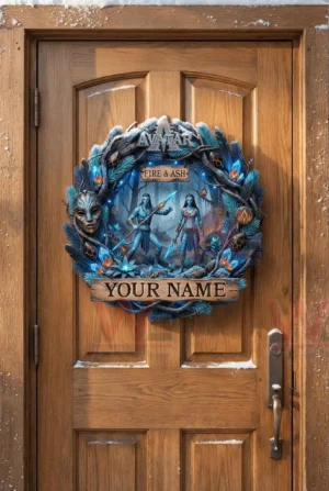 Fantasy themed Avatar Fire and Ash wreath with blue warriors glowing crystals and nature elements hanging on a wooden door!