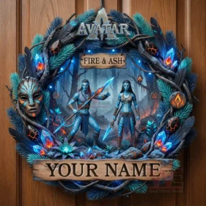 Close up of an Avatar Fire and Ash decorative wreath with detailed blue characters crystals and fantasy forest design!
