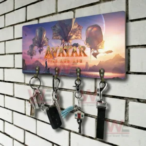 Avatar Fire And Ash wall key holder featuring a sunset landscape and flying creatures with four metal hooks holding keys on a brick wall!