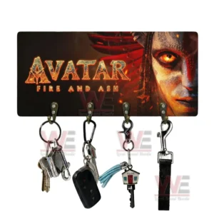 Avatar Fire And Ash wall key holder on a white background with fiery title text glowing eye character artwork and four hooks holding keys and accessories!