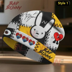 A black and yellow knit beanie with cartoon bunny graphics stitched details and creative street art inspired visuals!