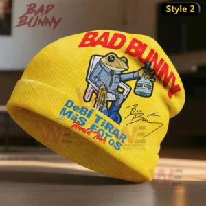 Bad Bunny Beanie Hat cap 6 A yellow knit beanie with a cartoon character graphic bold text and a cheerful street fashion appearance!