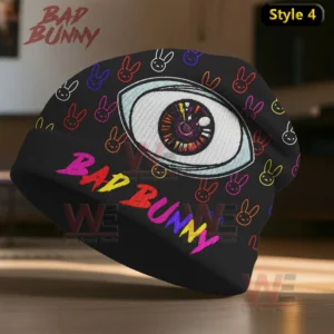Bad Bunny Beanie Hat cap 8 A black knit beanie with a large eye graphic colorful bunny icons and bold artistic lettering!
