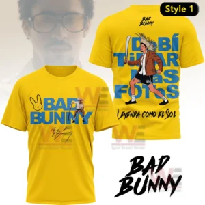 Yellow Bad Bunny tshirt with front logo graphic and back illustration of a man in motion wearing casual clothes!