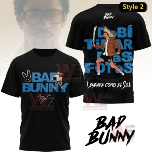 Bad Bunny Debi Tirar Mas Fotos 2026 Shirt 4 Black Bad Bunny tshirt with front logo design and detailed illustrated figure on the back!