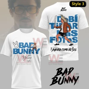 Bad Bunny Debi Tirar Mas Fotos 2026 Shirt 5 White Bad Bunny tshirt with front logo graphic and full back illustration of a character in motion!
