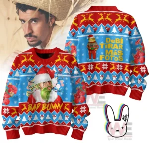A festive sweater front showing an illustrated man in a santa hat with bright holiday graphics patterns and flowers!