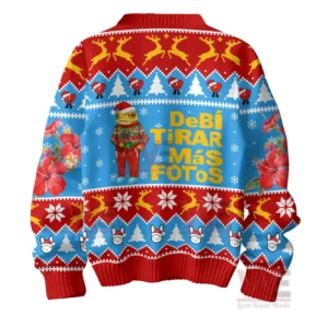 Bad Bunny Debi Tirar Mas Fotos Ugly Sweater 4 A festive sweater back showing a holiday character graphic bright yellow text and colorful seasonal patterns!