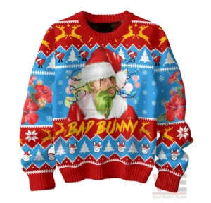 Bad Bunny Debi Tirar Mas Fotos Ugly Sweater 5 A colorful sweater front showing a festive illustrated man with holiday lights flowers and seasonal patterns!